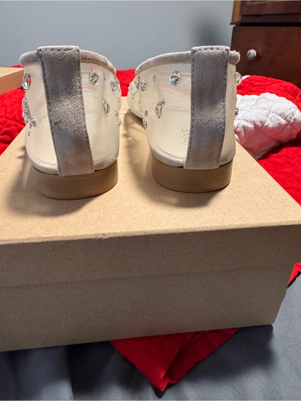Embellished Nude Mesh Ballet Flats with Crystal Accents - Picture 6 of 7